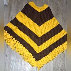 Vintage Knit Poncho BoHo Hippie Brown Dark Yellow Tassels